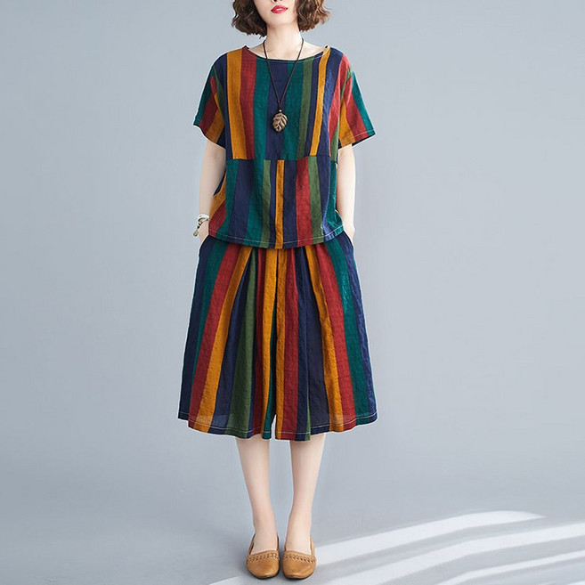 여름 여성 스트라이프 루즈핏 반팔 세트 군살커버 상의 빅사이즈 와이드 팬츠 캐주얼 2종 세트