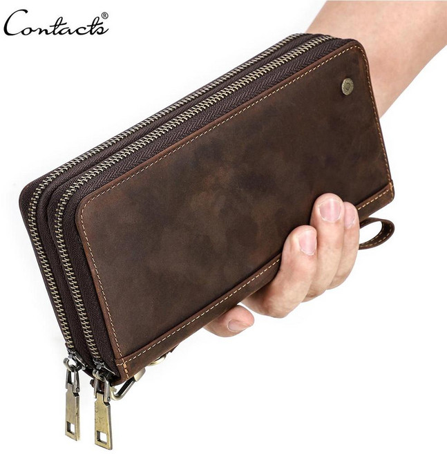 CONTACT'S 진짜 가죽 남성 지갑 클러치 백 카드 홀더 롱 지갑 더블 지퍼 대용량 빈티지 남성 지갑