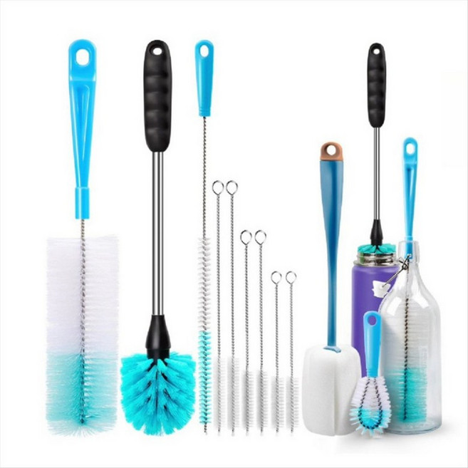병 브러시 튜브 청소 세트 좁은 넥 맥주 병 와인 디캔터 좁은 컵을위한 긴 손잡이 병 클리너, 흰색과 파란색