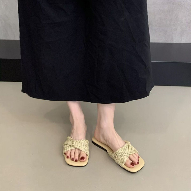 法式復古度假風編織涼拖鞋女外穿夏季軟平底海邊拖鞋, 1個, 奶黃色37