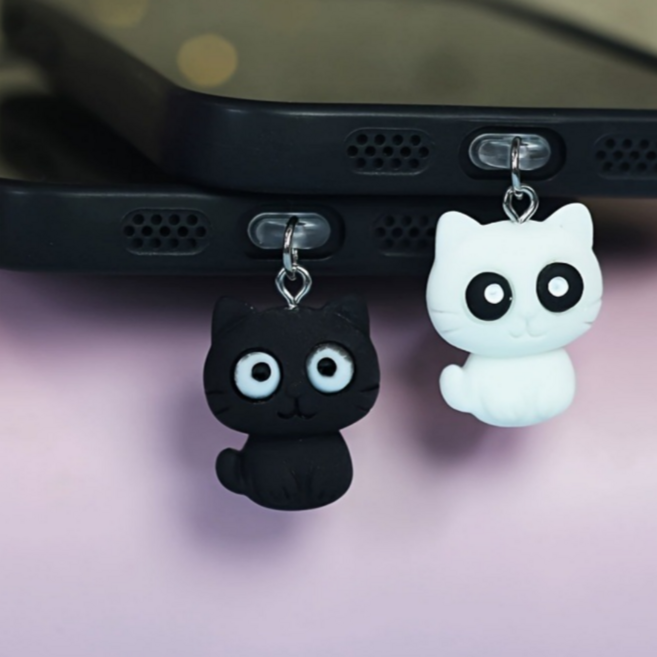 귀여운 고양이 Type-C 먼지방지 포트캡 참장식 아크릴 에어팟 방진 마개 2P세트, 1세트, 화이트+블랙