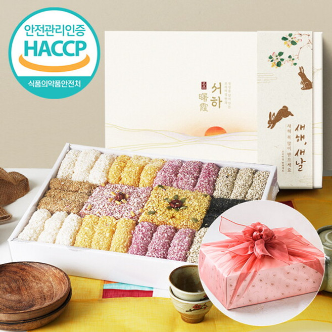 [웰굿] HACCP 강릉 명품 수제전통한과 2단 선물세트 1C(1kg)(+선물박스 보자기포장), 1개