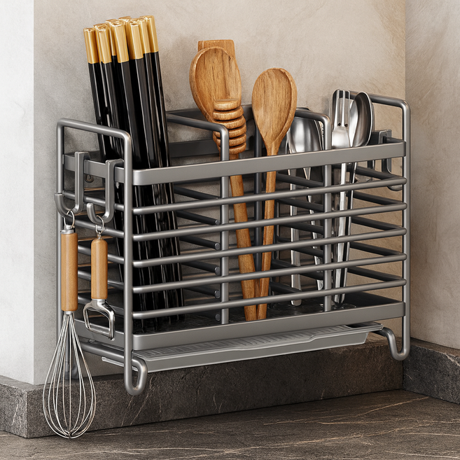 네스터몰 벽부착 가능 물빠짐 3구 수저통, 1개, 그레이