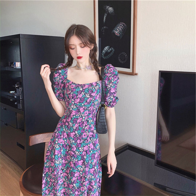 紫色碎花連衣裙女夏季 泡泡袖開叉復古法式長裙 大尺碼顯瘦仙女裙, 7714图色,2XL, 7714图色