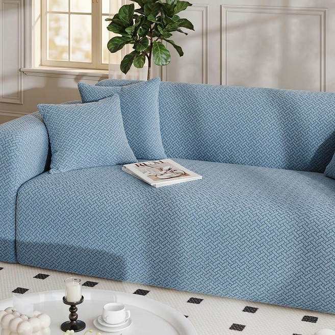 [먼지 없는] 커버무드 헤링본 고탄력 소파커버+자체제작 고정 스펀지, 오션 블루, 1개