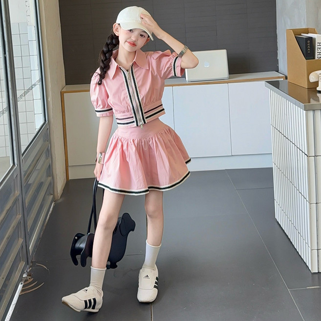 엘엑스 주니어 여아 여름 스트라이프 반팔 셔츠 A라인 스커트 상하 세트