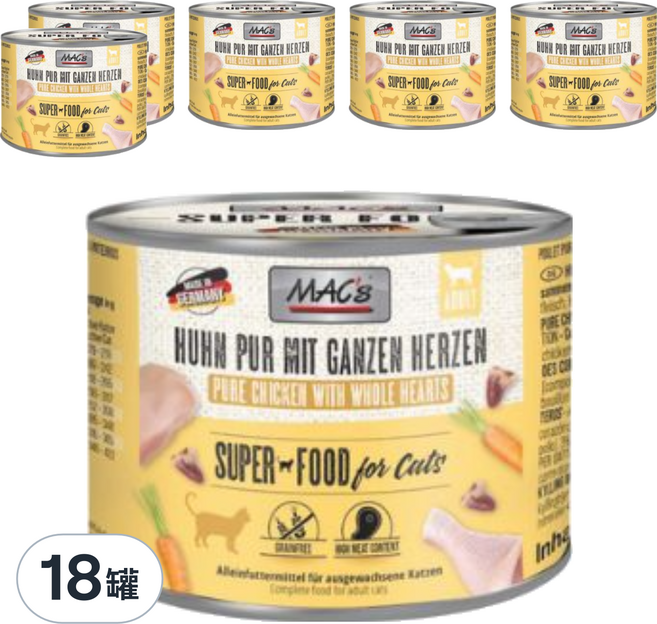 MAC's 馬克 主食貓罐, 雞肉 + 雞心, 200g, 18罐