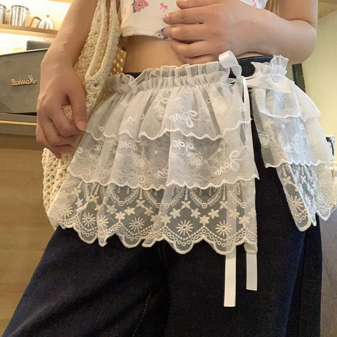 蕾邊繫帶蛋糕半身裙 女 春夏季 疊穿配牛仔褲