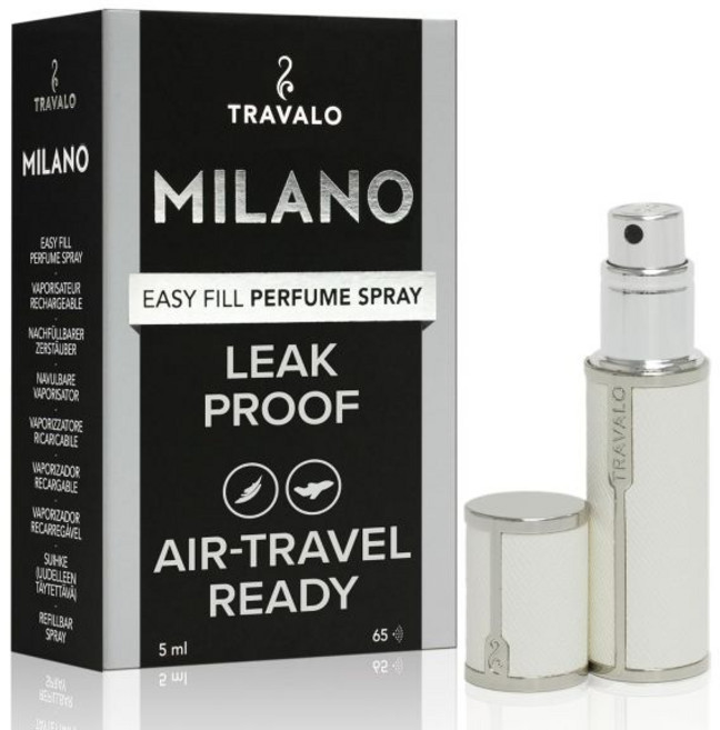 트라발로 밀라노 향수 아토마이저 번들 - 누수 방지 및 항공 여행용 TSA 승인 재사용 가능 이지 필 미니 펌프 스프레이어 광택 금속이 포함된 비건 가죽 화이트 아쿠아 퍼