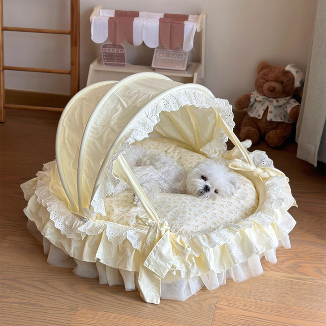 BLACK K7 고양이집 예쁜 레이스 잔꽃 소형견 강아지집 침대 고양이숨숨집, 1개, 옐로우