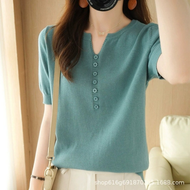 자칠 여성 빅사이즈 V넥 오버핏 여름 린넨 니트 반팔 티셔츠