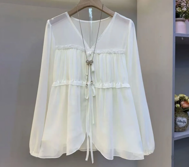 쌍천 봄 가을 여름 브이넥 쉬폰 셔츠 리본 프릴 빅사이즈 루즈핏 블라우스 A26030113