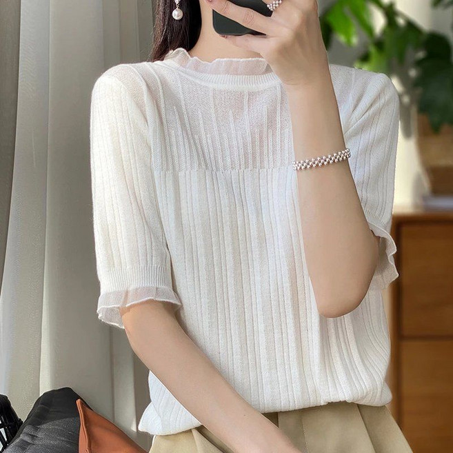 Neirny 여성 반폴라 레이스 티셔츠 봄가을 니트 반팔 티 5부 이너 섹시 캐주얼 스판 기질 패션 슬림핏 상의