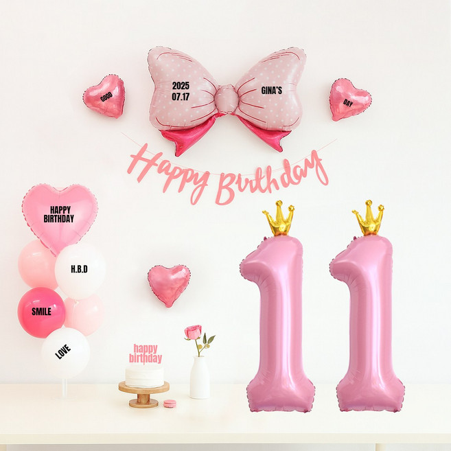 해피제이니 핑크앤블루 대형리본 숫자풍선 생일파티 가랜드 풍선 파티세트(프리레터링시트지 포함), 1세트, 핑크리본 11번