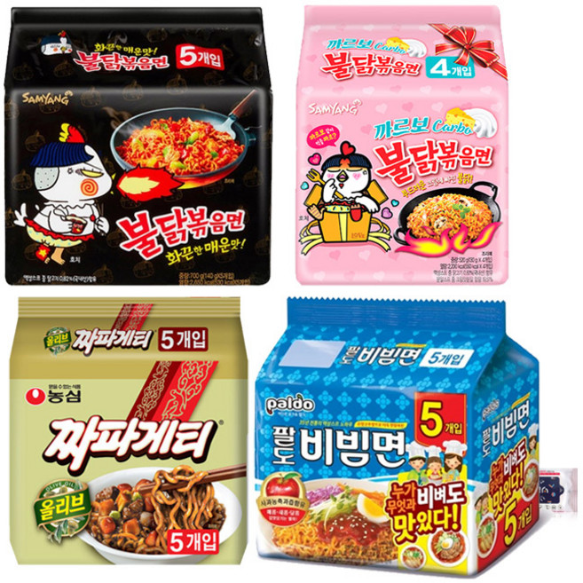 농심 삼양 팔도 봉지라면 4종 (불닭볶음 5입 + 까르보불닭 4입 + 짜파게티 5입 + 팔도비빔면 5입) + 블루존 물티슈, 1세트