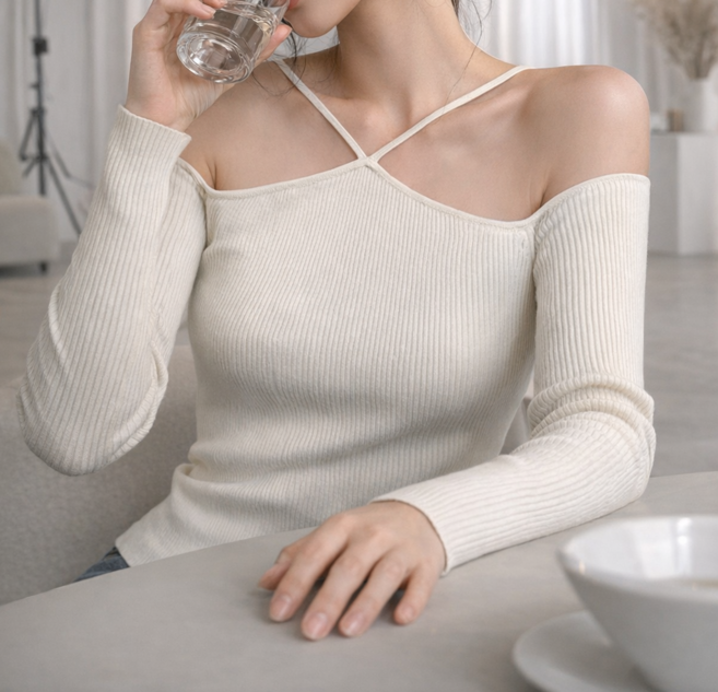 더그랜 여성 크로스 홀터넥 오프숄더 골지 티셔츠