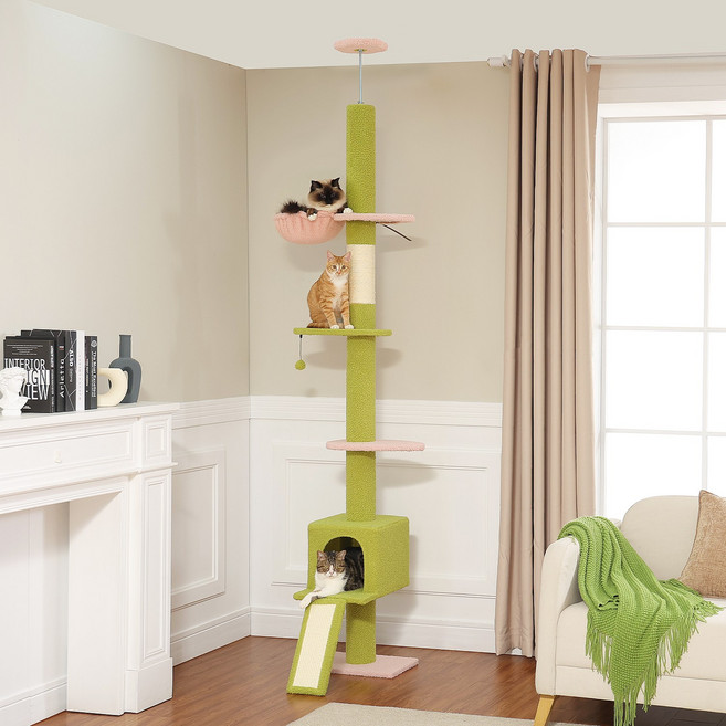 PAWZ Road 6단 대형 다색 패브릭 캣폴 천장 고정형 높이 조절 캣타워 210-274cm 해먹+숨숨집+삼베 스크래쳐 겸용 사다리, 1개, 핑크