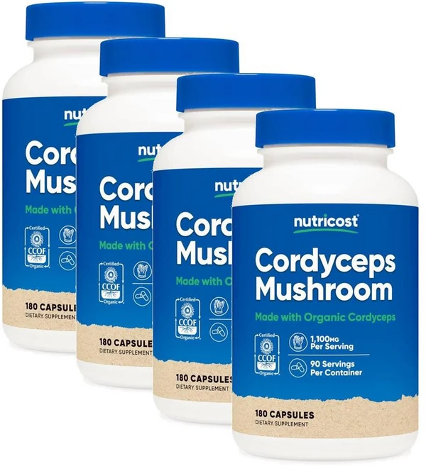뉴트리코스트 동충하초 버섯 머쉬룸 추출물 1100mg 캡슐 Nutricost Cordyceps Mushroom, 4개, 180정 - 쿠팡