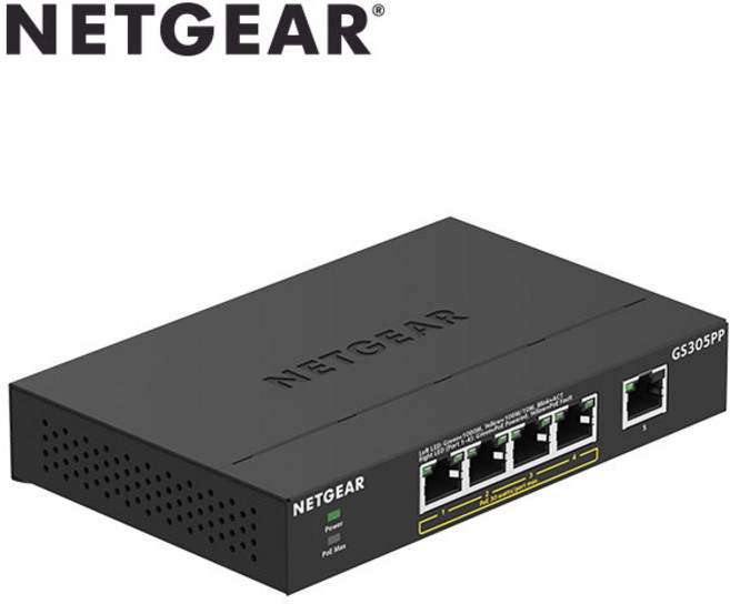 넷기어 GS305PP - 5포트 기가비트 POE+ 이더넷 스위치(4포트 PoE+ 지원) 스위칭허브, 1개