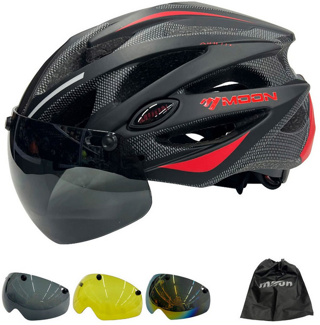 Moon 초경량 사이클링 안전 헬멧 야외 오토바이 자전거 헬멧 이동식 바이저 안경 MTB Mountain Road 자전거 헬멧, Black Red