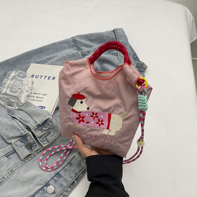 크로스백 귀여운 닥스훈트 가방 만화 대비색 자수 친환경 가방 디자인 나일론 초경량 핸드백