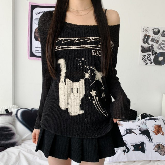 [유니크/y2k/3col] 레옹 루즈핏 고양이 프린팅 시스루 그물 니트 티셔츠