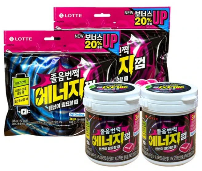 롯데웰푸드 졸음번쩍껌 에너지 용기 2개 + 리필 2개, 없음 - 쿠팡