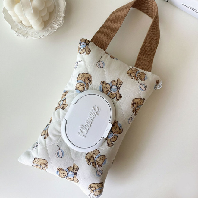 코튼 곰돌이 차량용 물티슈 보관함 파우치 걸이형, 아이보리, 1개