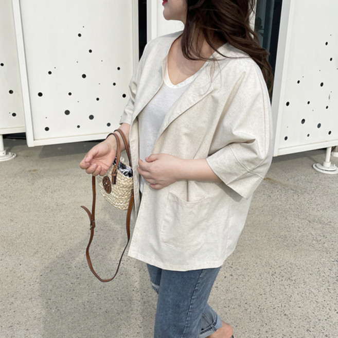 [리리모드] 린넨 노카라 가오리 포켓 자켓 봄 여름 로브 5부 가디건 데일리 가벼운 아우터