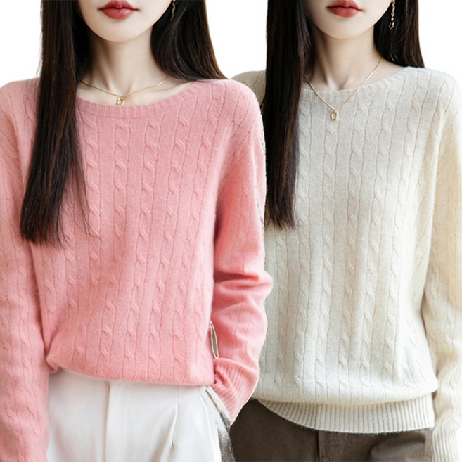 1+1 여성용 부드러운 꽈배기 짜임 가을 겨울 레이어드 스웨터 긴소매 라운드넥 니트 제이유미