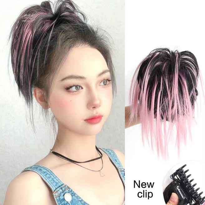 깃털 가시머리 가발 집게핀 슬릭번 까치머리 집게 가발 포니테일 붙임머리 부분가발, 벚꽃핑크, 1개