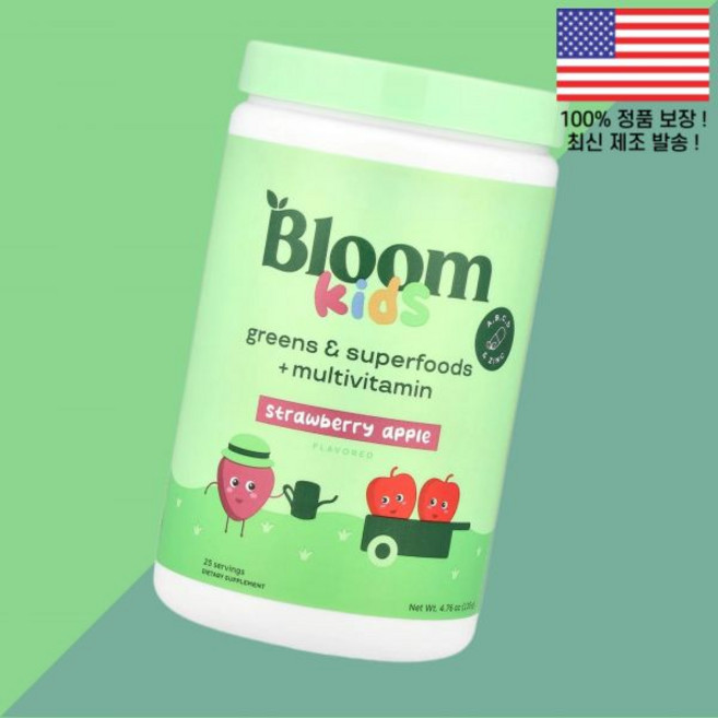블룸 어린이 칠드런 키즈 아이 채소 슈퍼푸드 종합비타민 멀티비타민 딸기 스트로베리 사과 애플 4.76온스 135g Bloom Kids Greens Superfoods Multi, 1개