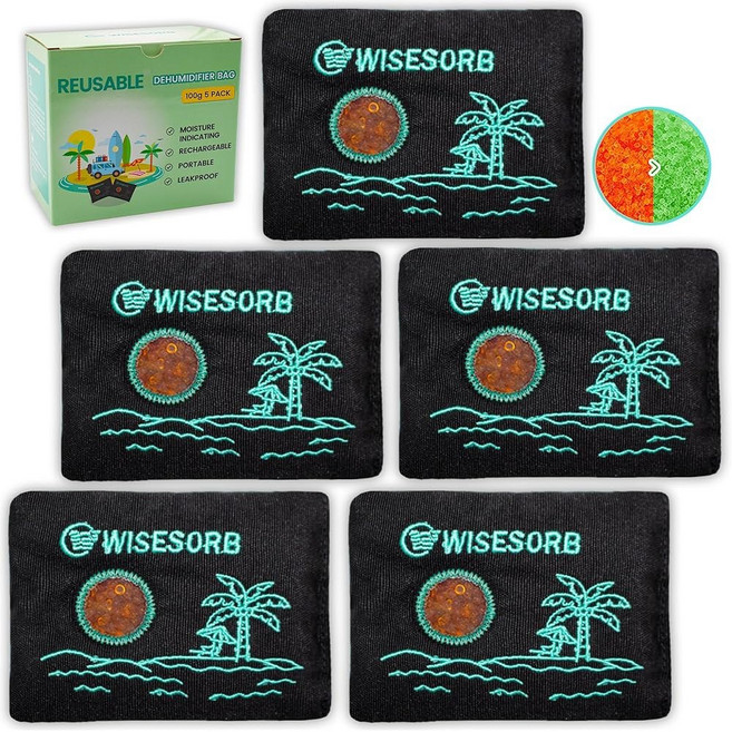 Wisesorb 200g x 3pc 충전식 제습제 팩 투명 창문이 있는 실리카겔 패킷 색상 습기 흡수제 보관 안전한 옷장 지하 카메라용 재사용 봉투, 5Pcs, 20 Gram