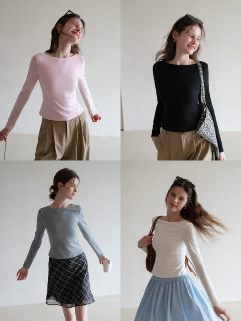 발레코어룩 보트넥티셔츠 텐셀 슬림핏 긴팔 상의