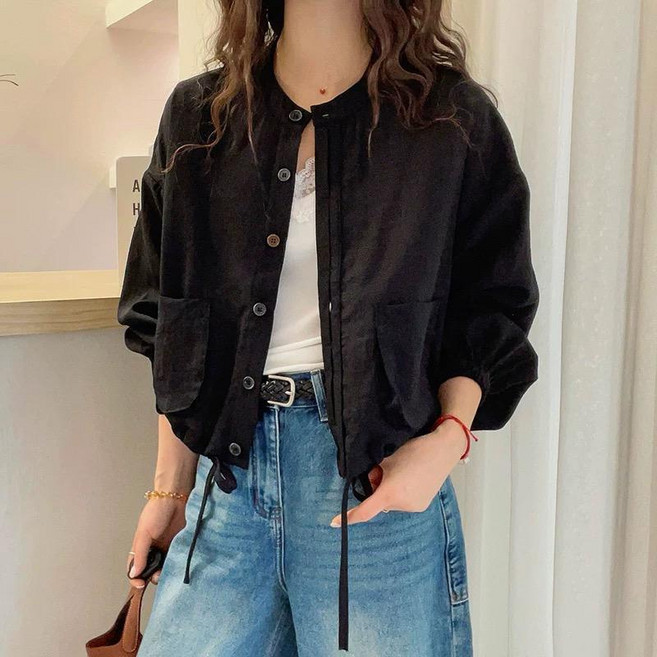 여름 여성 캐주얼 솔리드 면마 아우터 상의 라운드넥 긴팔 숏 얇은 자켓 바람막이