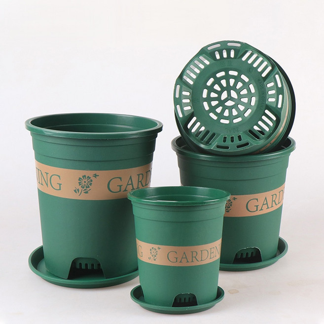 環保PP透氣花盆帶托盤 簡約印花設計 底部排水孔防爛根, 綠色, 1件