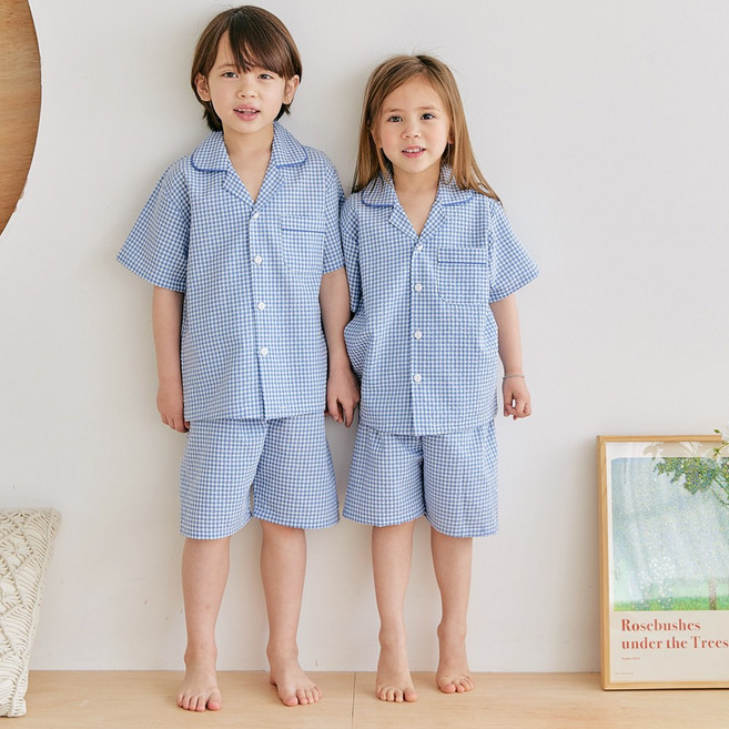 핑코코 4116 블루체크 반팔아동잠옷 5부 파자마세트