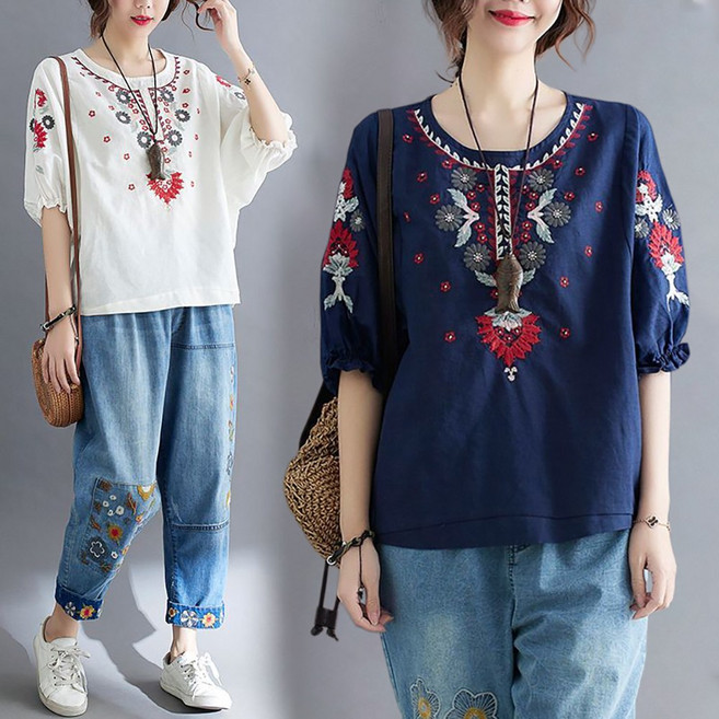 ROYALBELLE 여성 라운드넥 자수 플라워 루즈핏 빅사이즈 린넨 코튼 반팔 티셔츠 D01030520