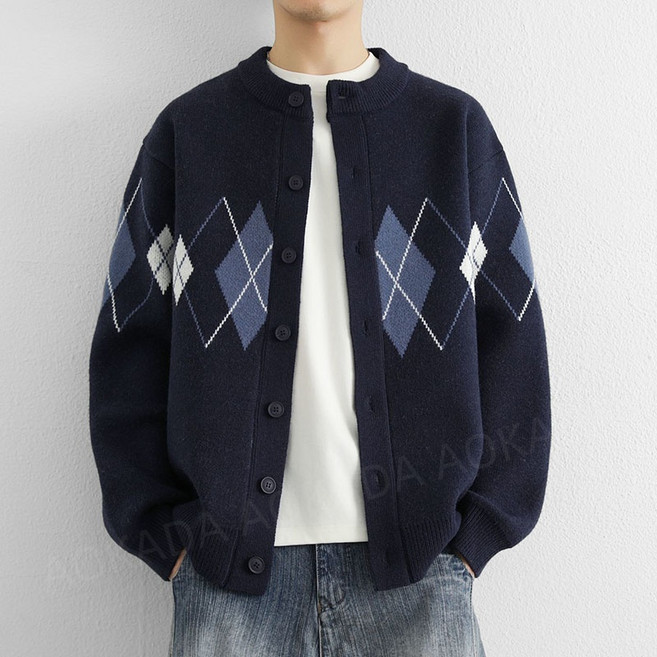 AOKADA 남성 봄 가을 루즈핏 배색 아가일 니트 가디건