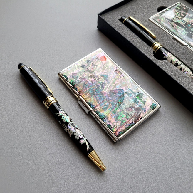 나전칠기 자개볼펜+명함케이스 외국인 선물세트 한국기념품, 모란, 1.월학, (X)단품만