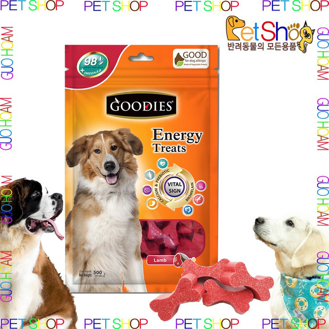 Pet Shop(반려동물의 모든용품) 구디즈 강아지 오메가 셀룰로오스 브로멜라인 20가지 에너지 보충 간식 트릿, 2개, 500g, 양고기