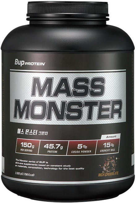 BUP 매스몬스터 크런치 리치초콜릿맛 2kg 헬스보충제 단백질보충제 체중증가 게이너, 1개