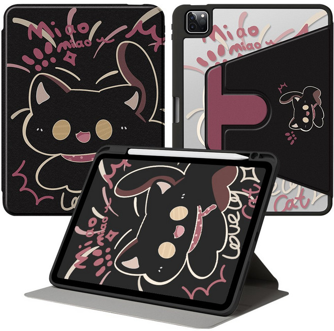 DUNNO 360도 회전 가능 펜슬수납 아크릴 아이패드 케이스, 1개, 8-Sweet Cool Cat