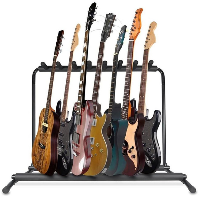 Pyle 7 슬롯 멀티 기타 스탠드 u2013 전기 어쿠스틱 베이스 기타 우쿨렐레 & 케이스 u2013 휴대용 미끄럼 방지 비스크래치 패딩이 있는 보호용 범용 기타 바닥, 7 Stand