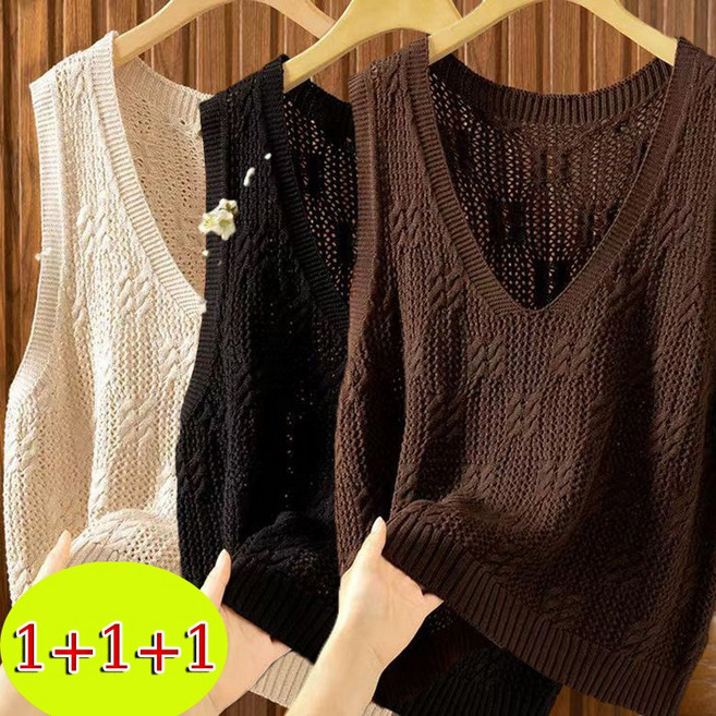 POMTOR 1+1+1 여성 브이넥 니트 조끼 패션 루즈핏 민소매 레이어드 베스트 빅 사이즈