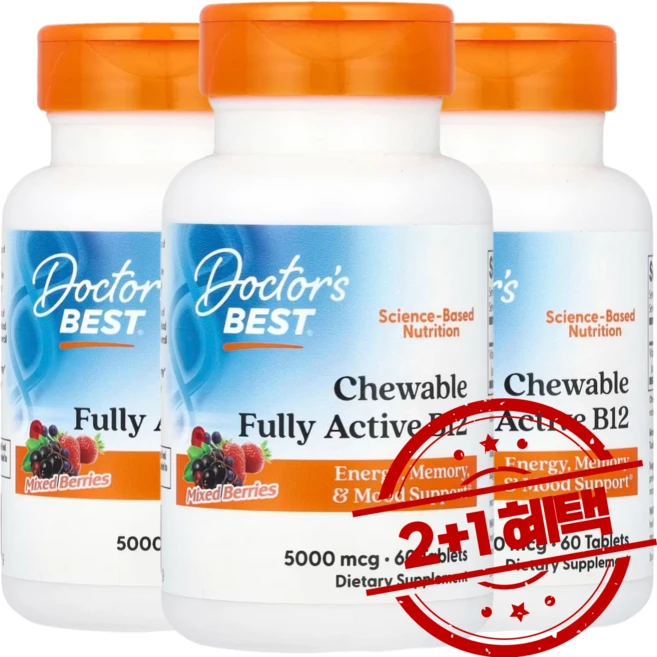 2+1 닥터스베스트 츄어블 풀 엑티브 B12 믹스베리 5000mcg 60정 비타민B / 해외직구 미국정품, 태블릿, 성인남녀공용, 3개 - 쿠팡