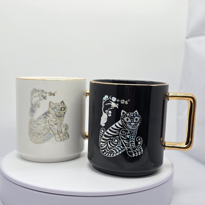 골드드림24k 호작도 자개 머그컵 외국인선물 집들이선물 1p 2p, 1세트, 호작도 머그 (화이트+블랙)