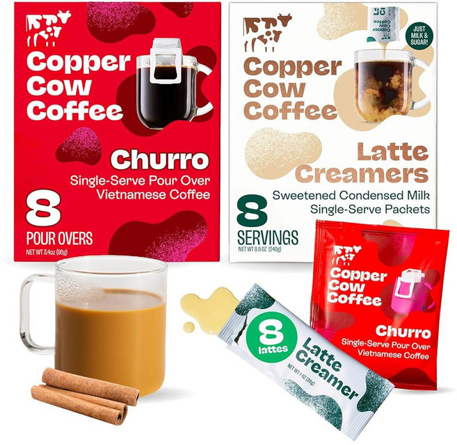 Copper Cow Vietnam Pour Over Coffee Pouches Latte Bundle 커퍼 카우 베트남 드립백 커피 라떼 번들, 1 Churro, 1.4온스 8팩