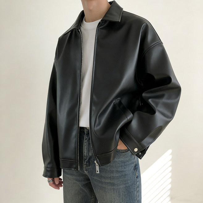 BLACK K7 오버핏 가죽자켓 남성용 봄가을 레더 아우터 블랙