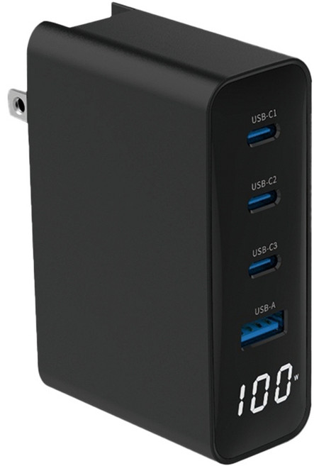 MCK 100W 氮化鎵 四孔快充充電器 帶顯示屏 折疊插腳, 1個, (帶顯示屏)MCK-U410-黑色